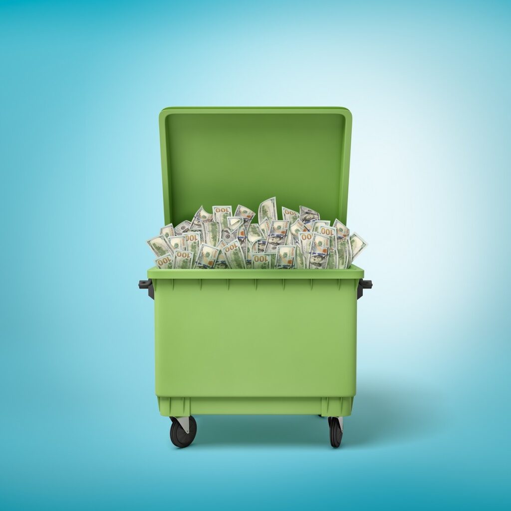 green trash bin filled with money dollars