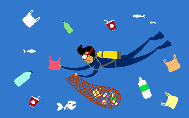scuba diver cleaning plastic trash from ocean