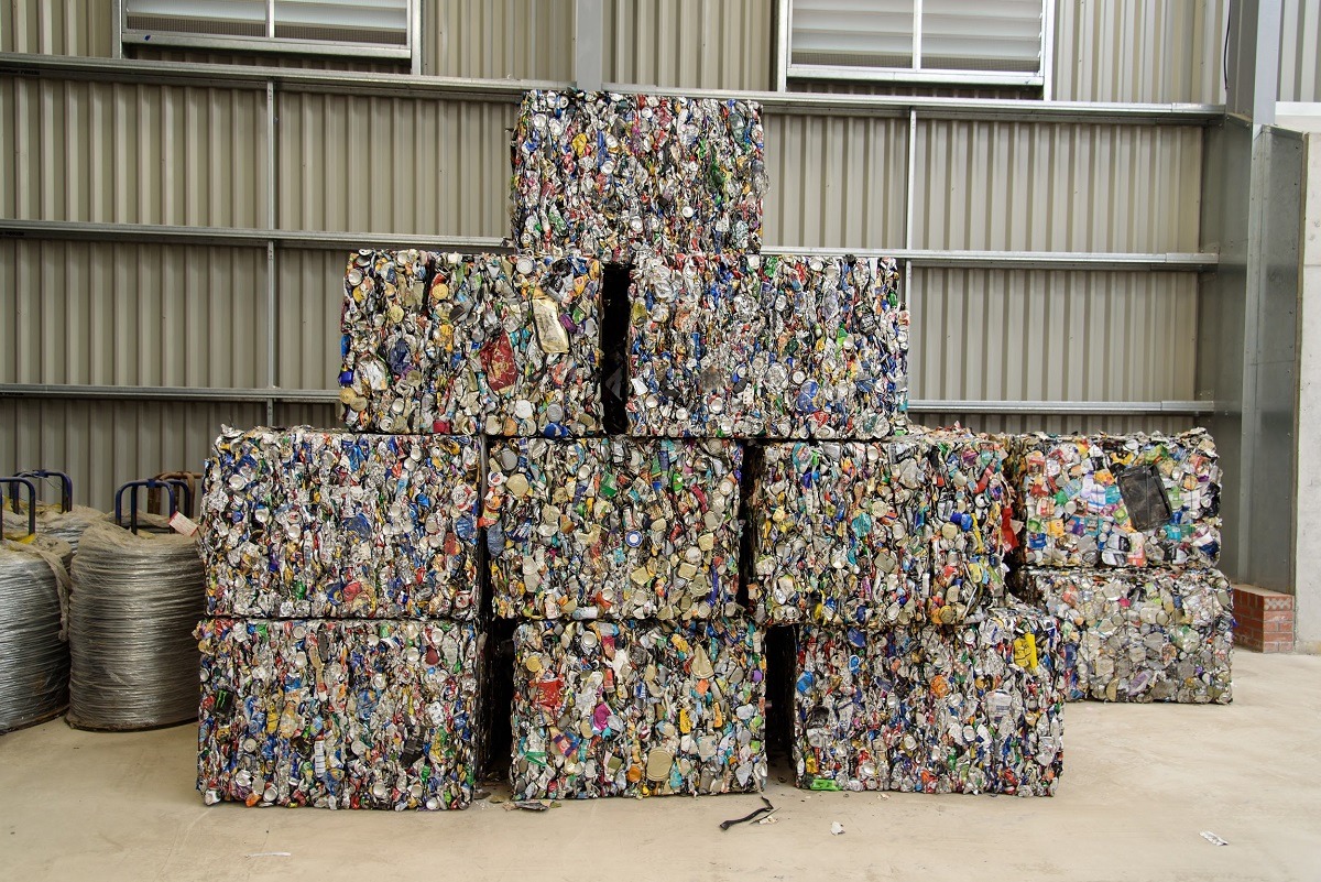 Cubes of bailed aluminum ready to be sent for recycling