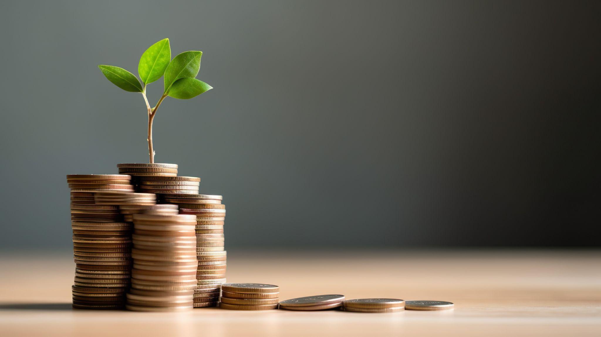 Stacked coins with a plant growing out of the top