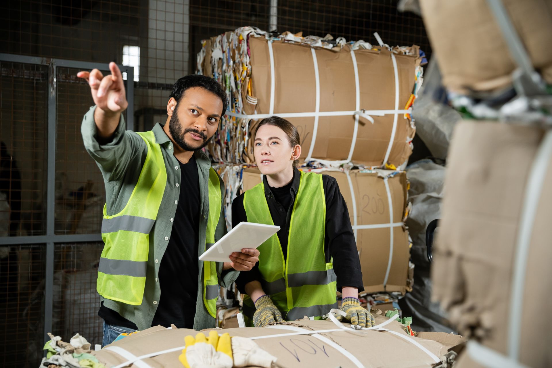 Male worker in high visibility vest pointing with finger and using digital tablet near female colleague