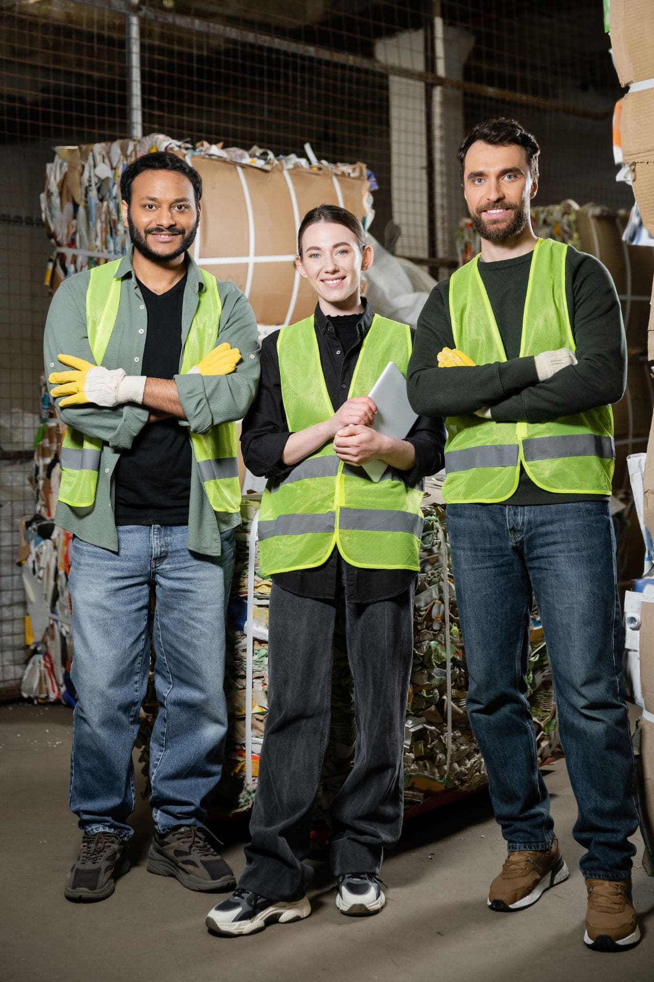 worker in protective vest holding digital tablet and standing near multiethnic colleagues and waste paper in waste disposal station