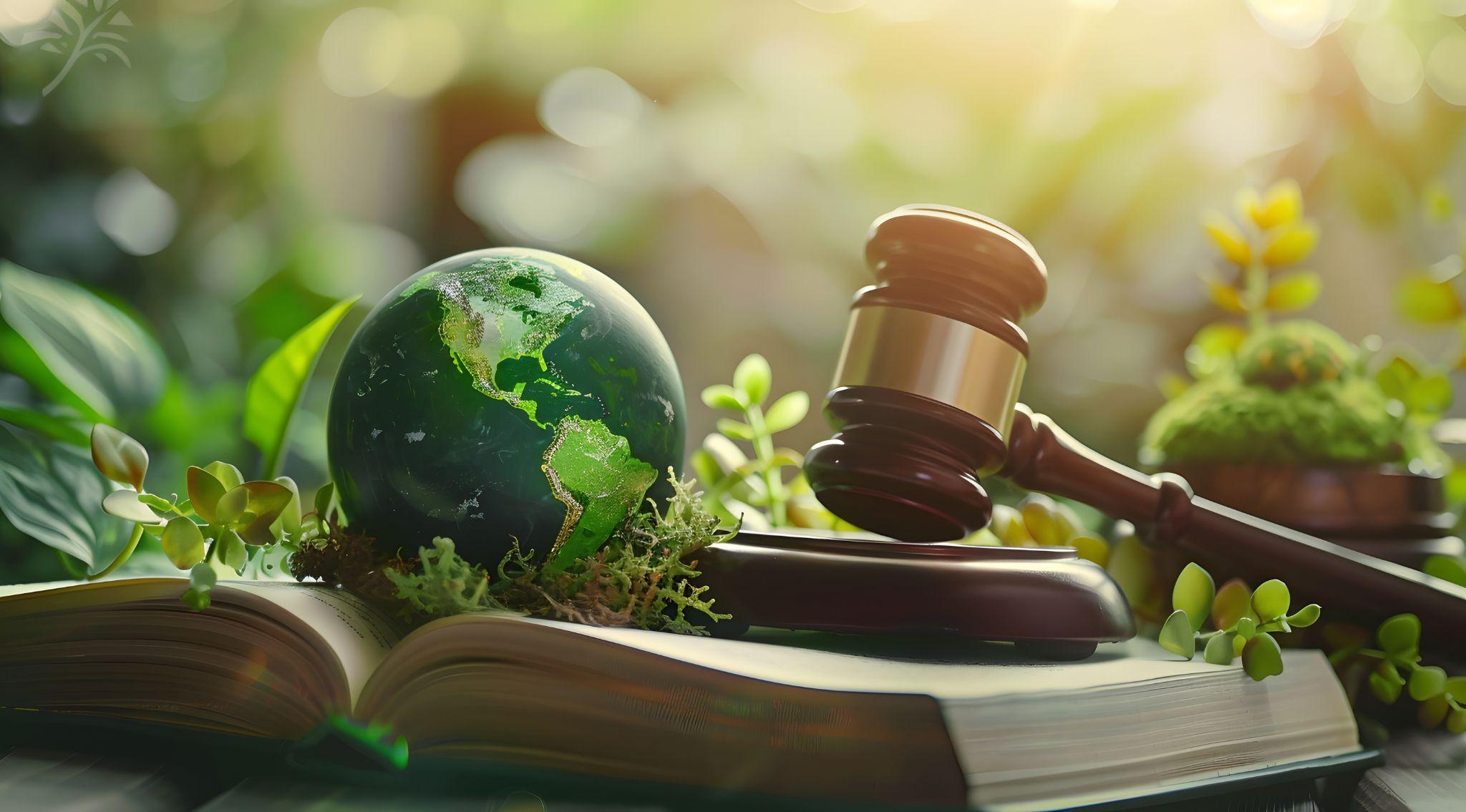 A courtroom setting with the Earth and green plants displayed alongside a gavel