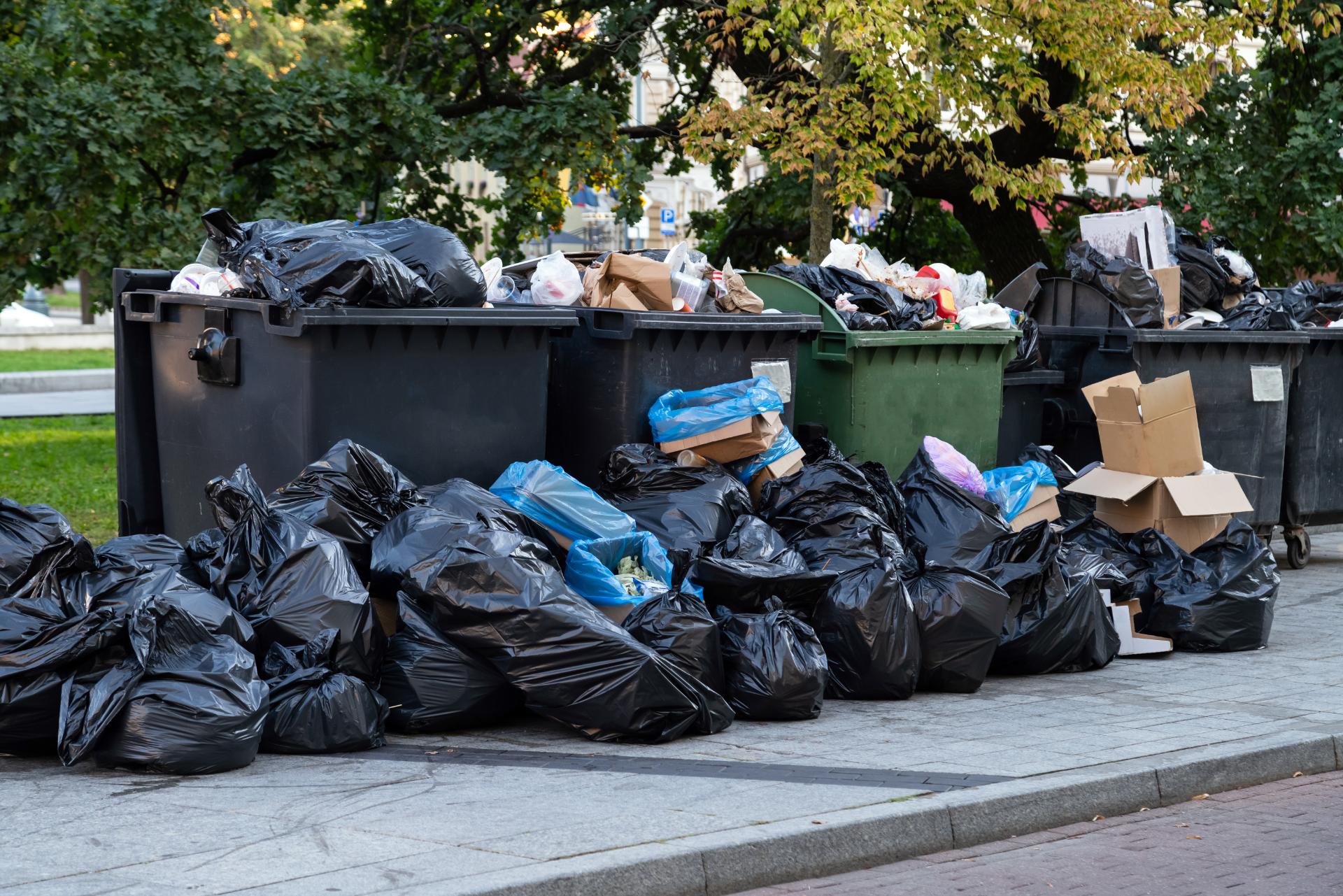 Overflowing trash bins and piles of garbage bags line a city street, creating a messy and cluttered scene against a backdrop of green trees.