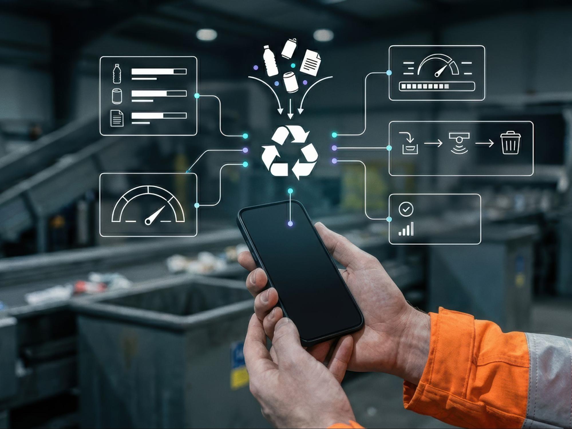 Hands holding a phone with recycling graphic symbols overlayed